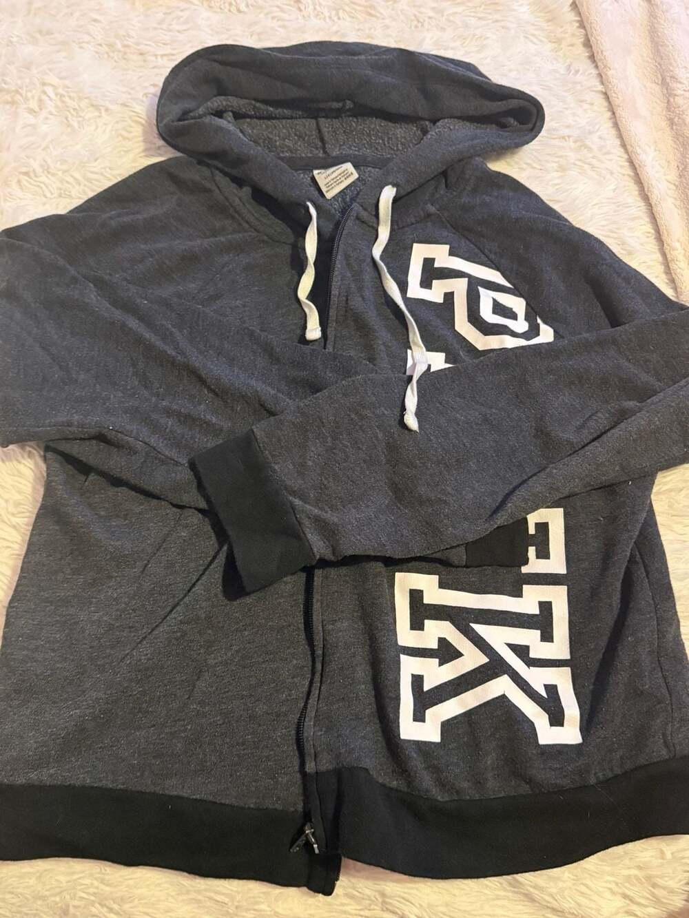 PINK Victoria's Secret Full-Zip Hoodie Size L Dark Gray zipper needs mending